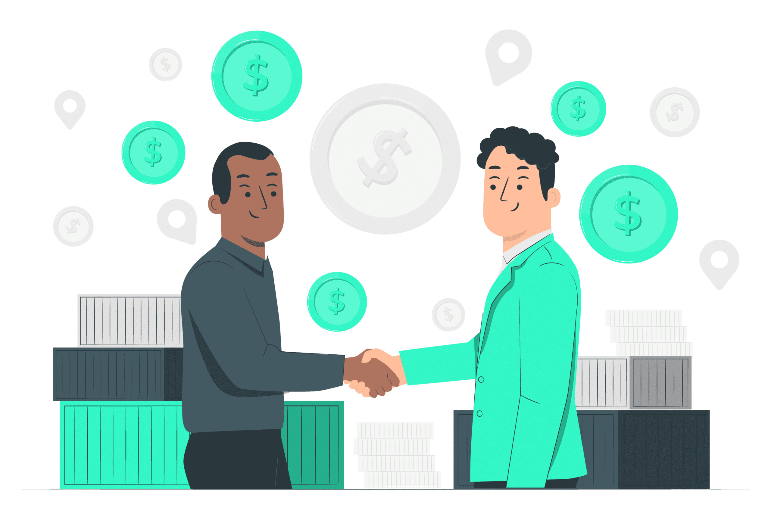 Two businessmen shaking hands surrounded by coins