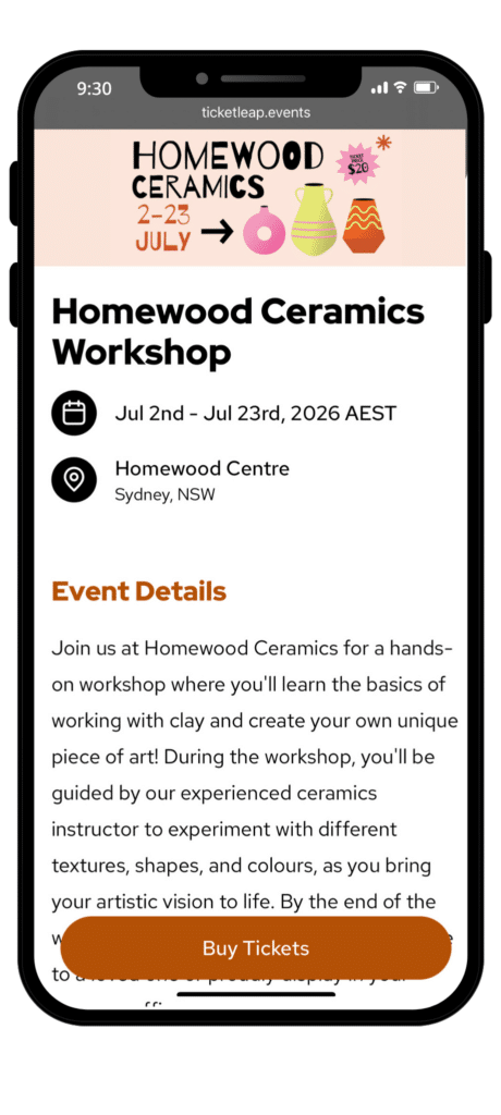 The mobile event page design for a pottery event landing page example