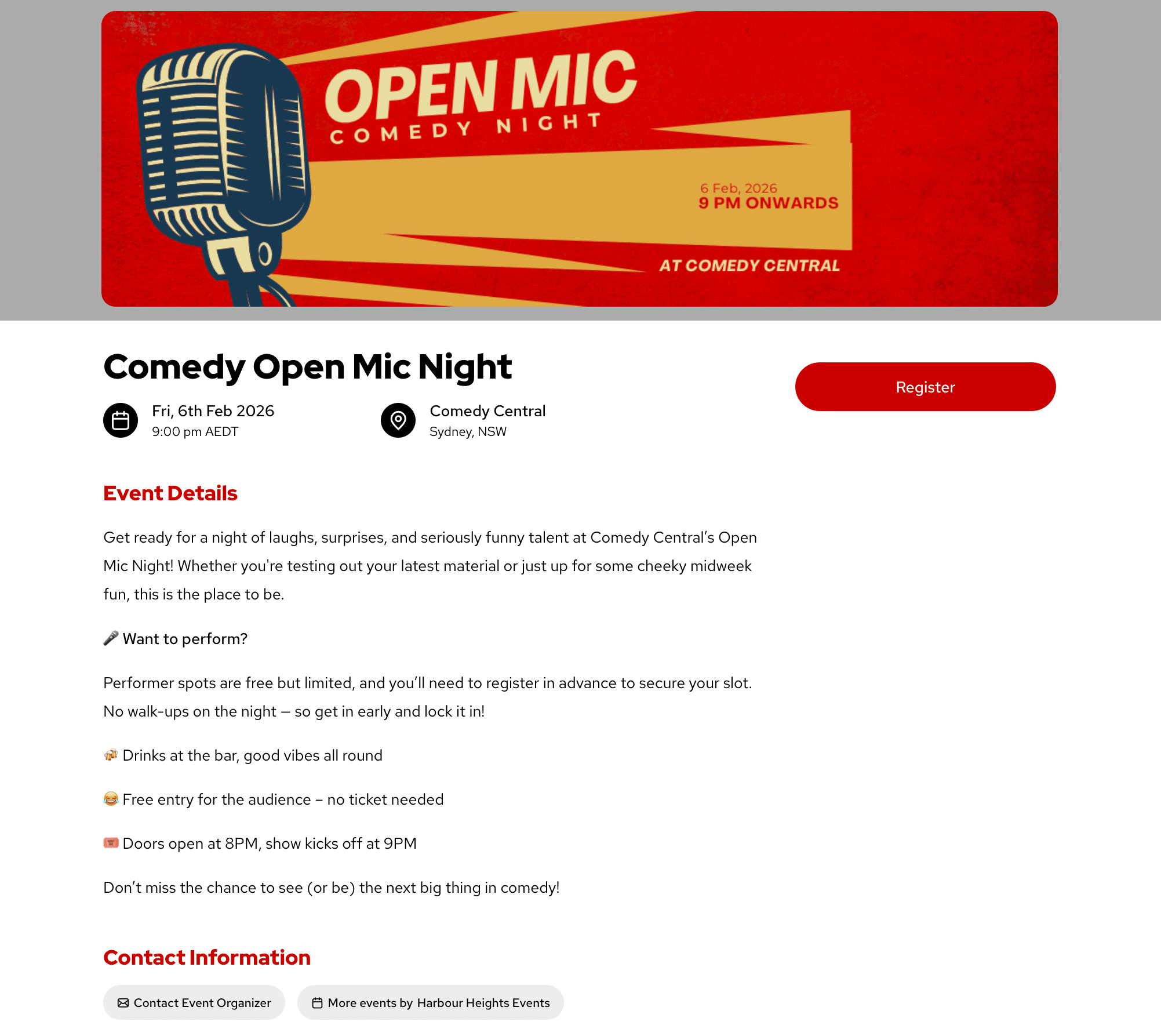 comedy club open mic ticketing page