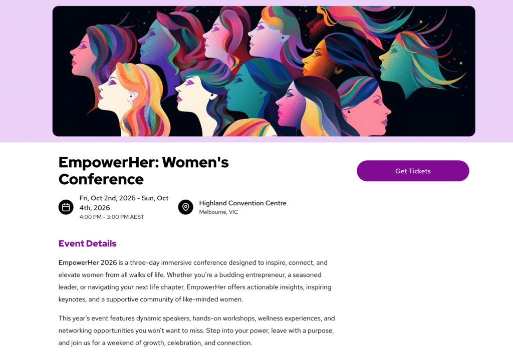 event ticketing page example on TicketLeap for a women's conference using a purple theme colour
