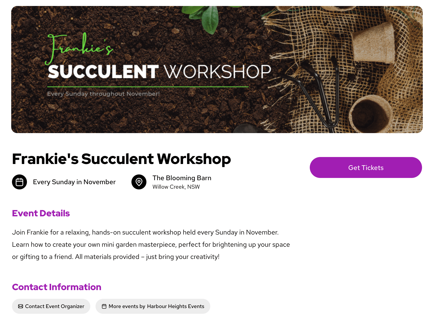 succulent workshop ticketing page