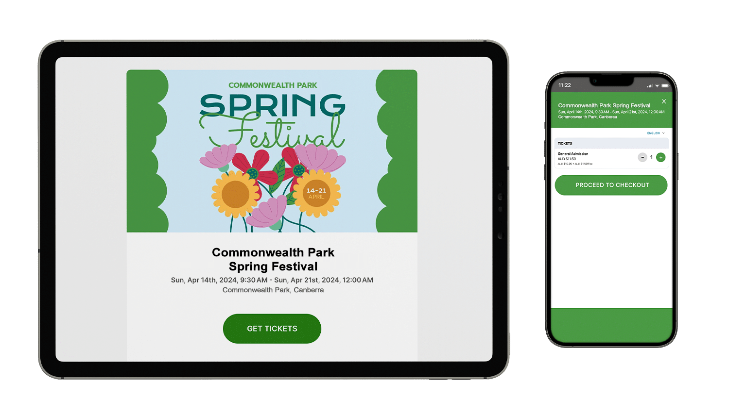 An event mockup of Commonwealth Park Spring Festival on a tablet and mobile phone