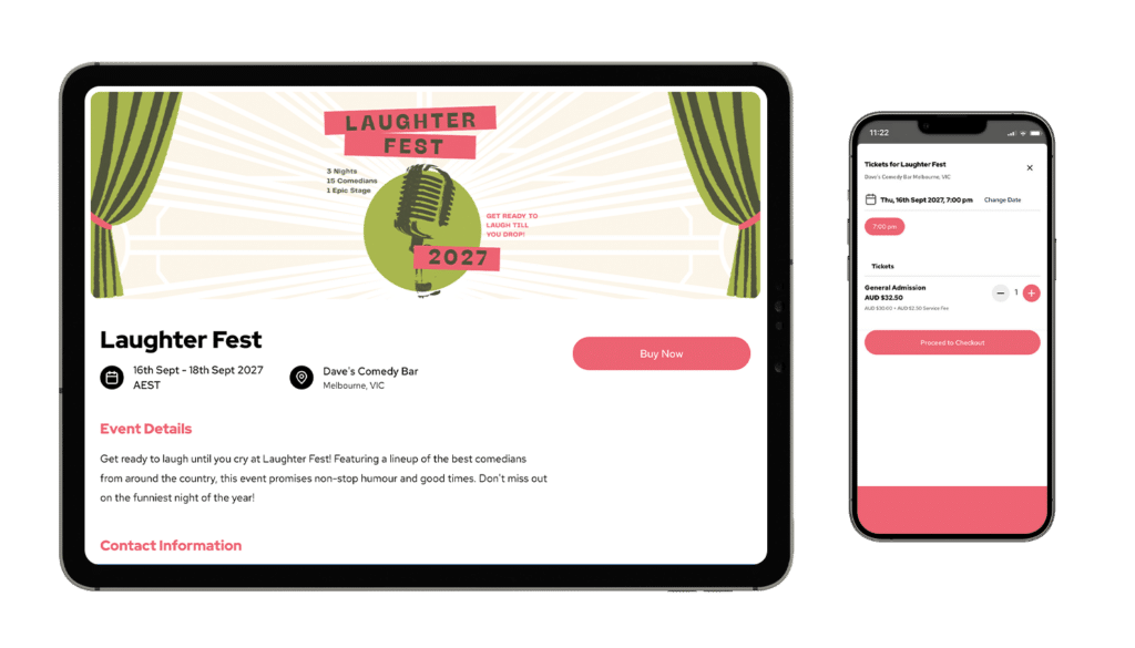 An event mockup of Laughter Fest on a tablet and smartphone