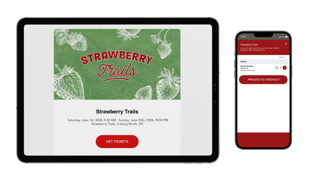a screenshot of a fictitious TicketLeap strawberry farm event listing 