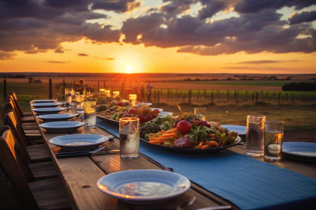 a set dinner table with fresh farm vegetables during sunset