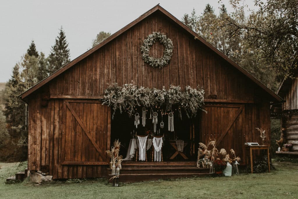 a rustic barn decorated for a wedding