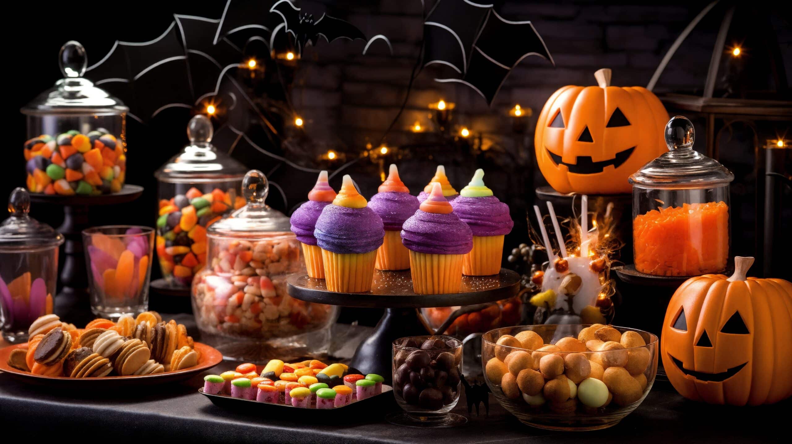 a table decorated with Halloween themed sweets