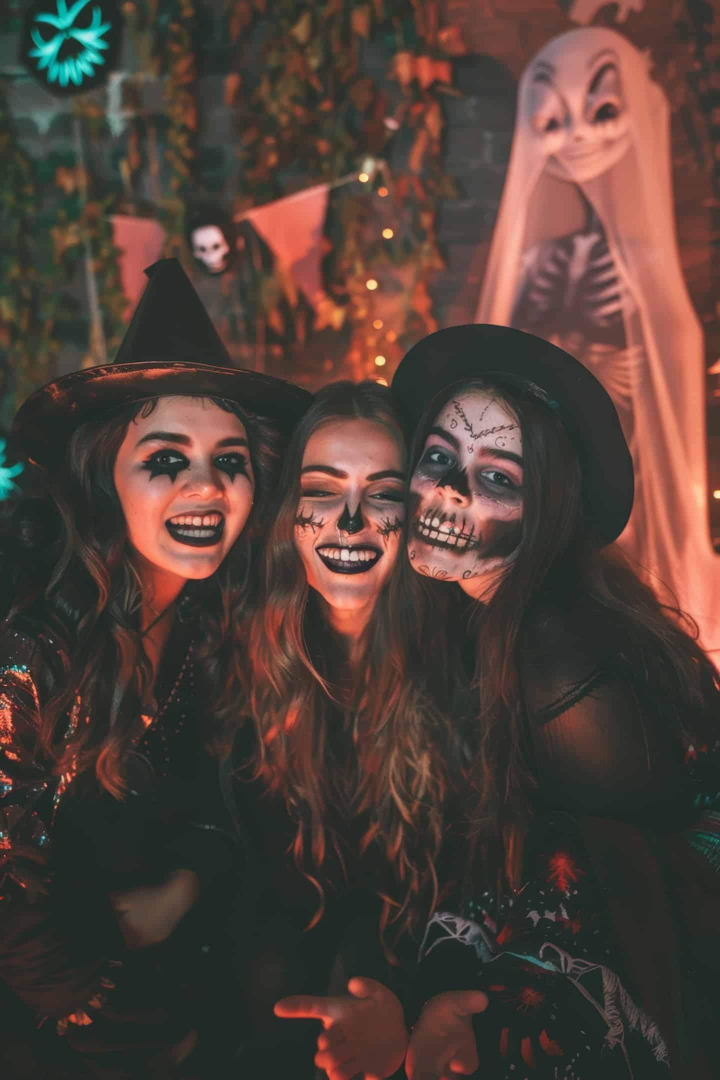 a group of friends dressed up in halloween costumes smiling