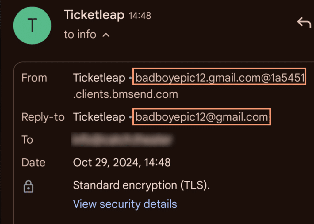 example of a bad email address of a phishing email