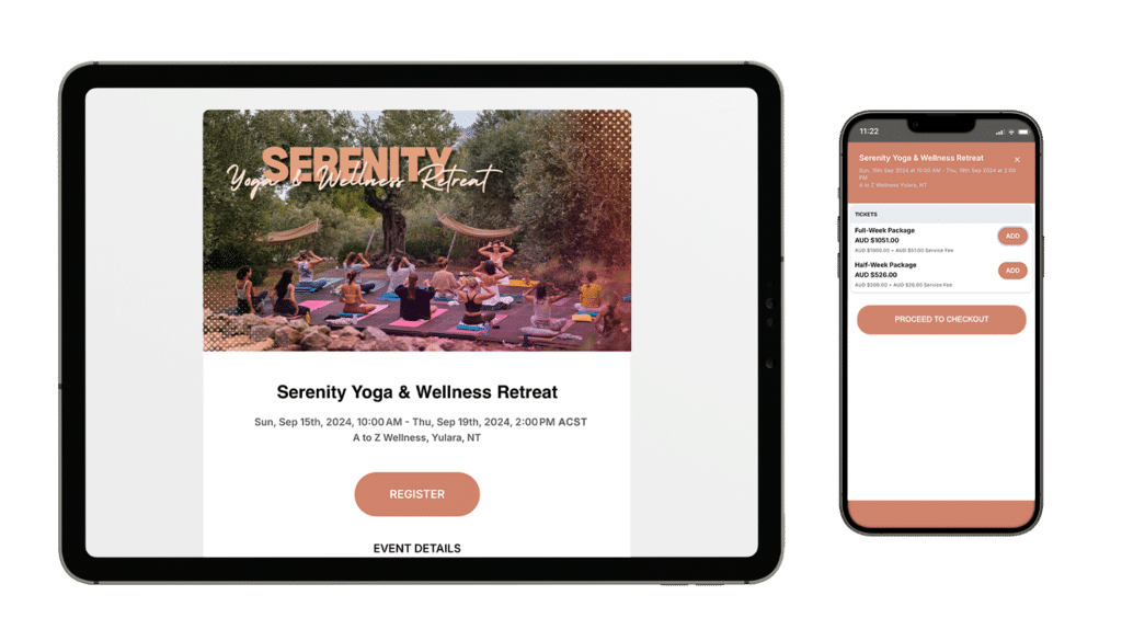 a fictitious TicketLeap event page for a yoga and wellness retreat