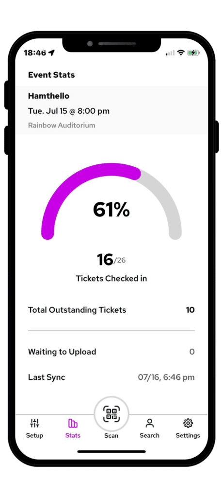 ticketleap ticket scanning app live statistics window with number of tickets checked in