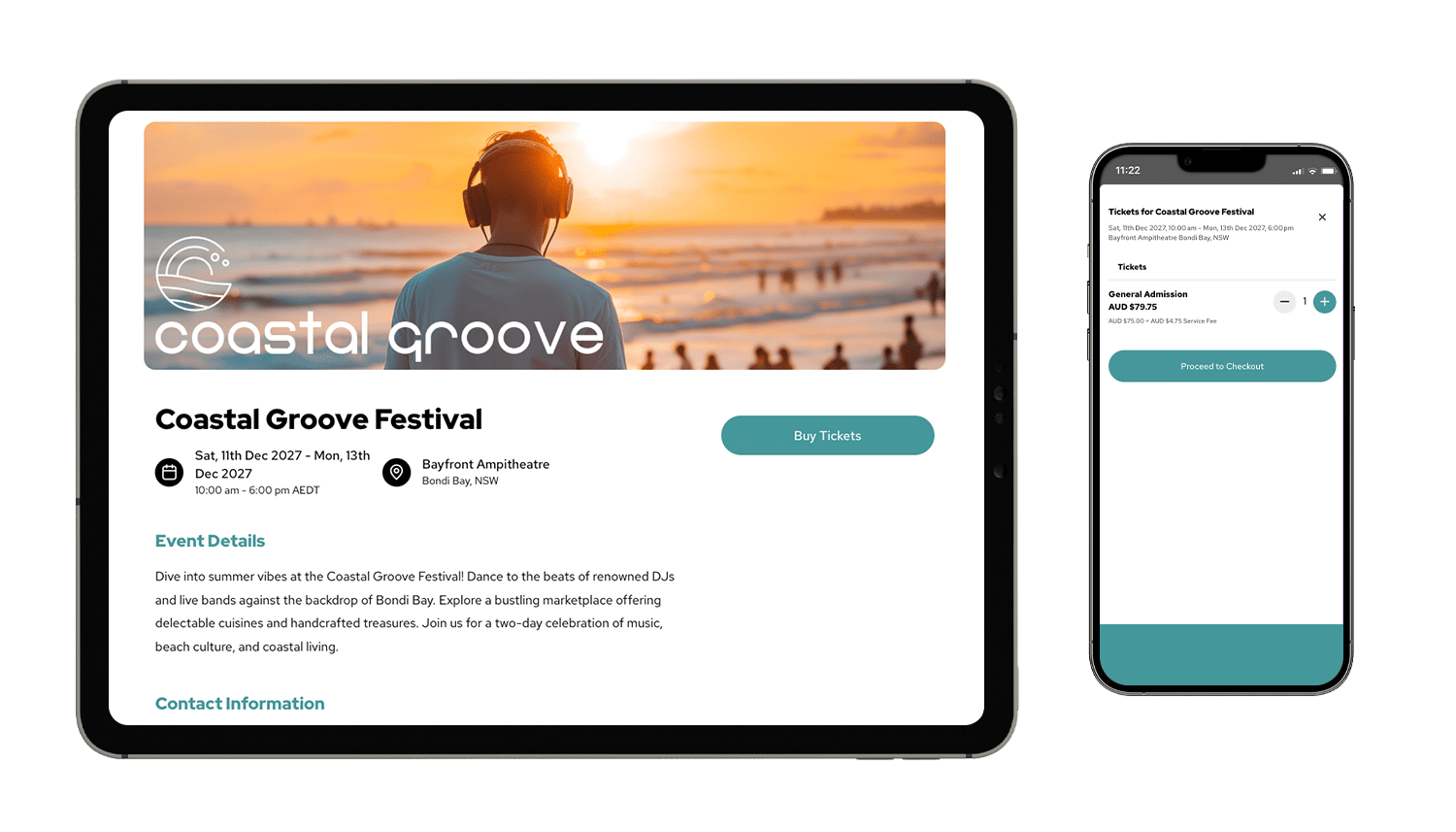 An event mockup of Coastal Groove Festival on a tablet and smartphone