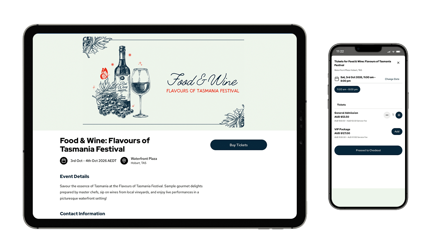 An event mockup of Food & Wine: Flavours of Tasmania Festival on a tablet and mobile phone