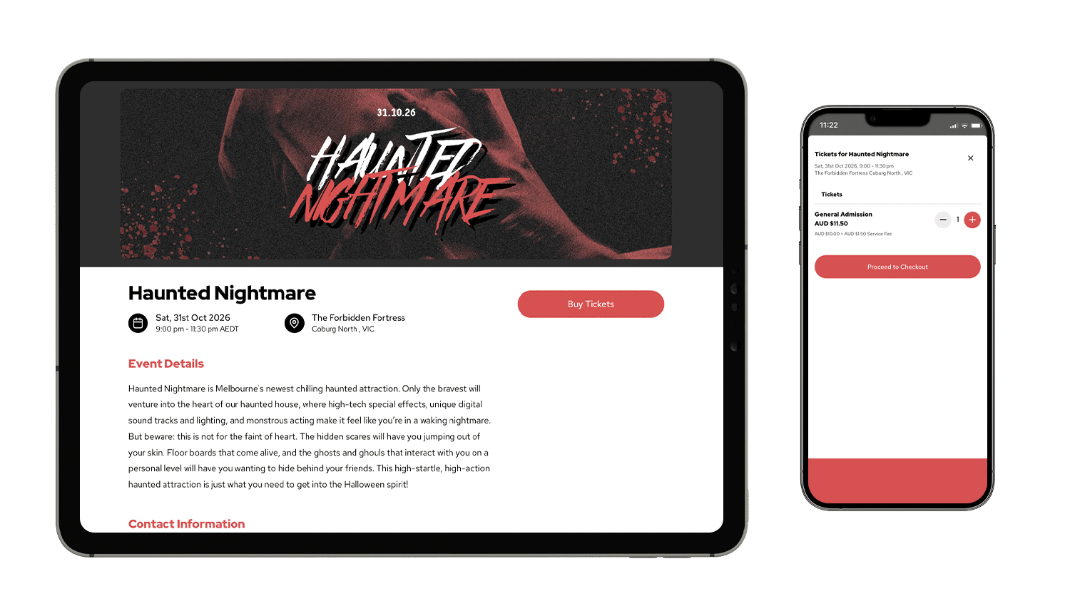 An event mockup of Haunted Nightmare on a tablet and smartphone