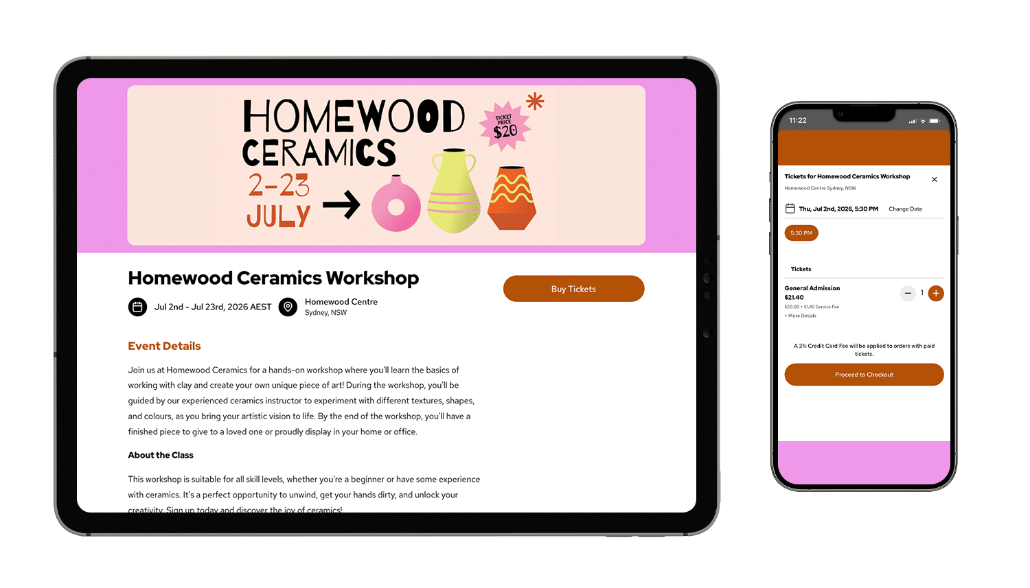 An event mockup of Homewood Ceramics on a tablet and smartphone