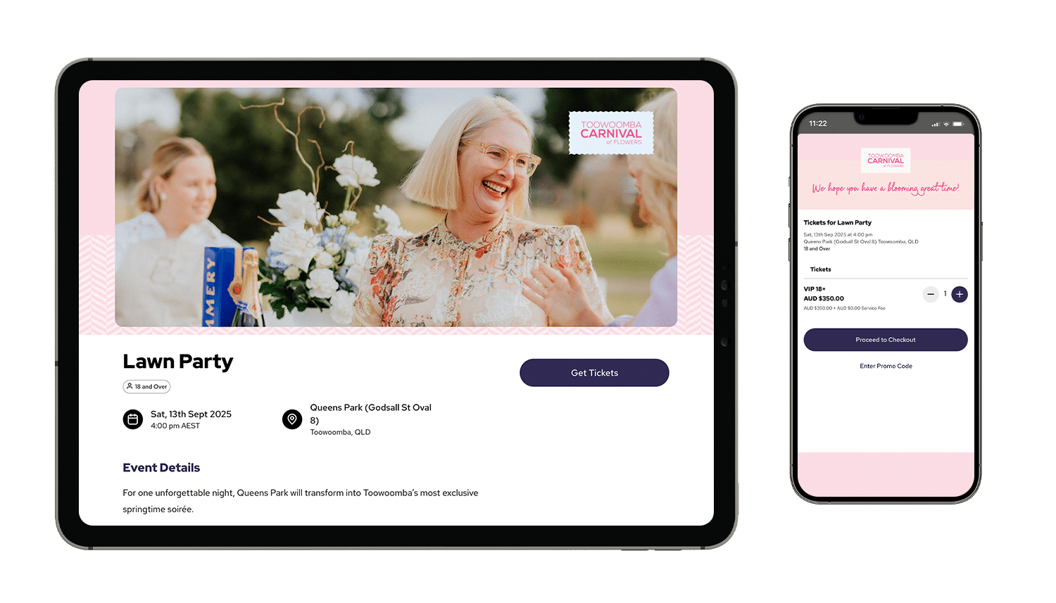 A mockup of a Lawn Party event on a tablet and smartphone
