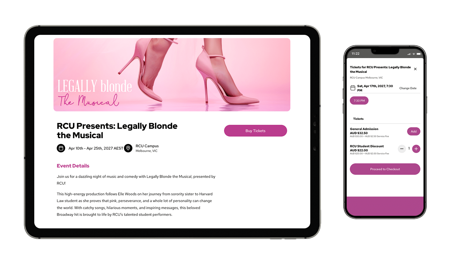 An event mockup of Legally Blonde The Musical on a tablet and smartphone