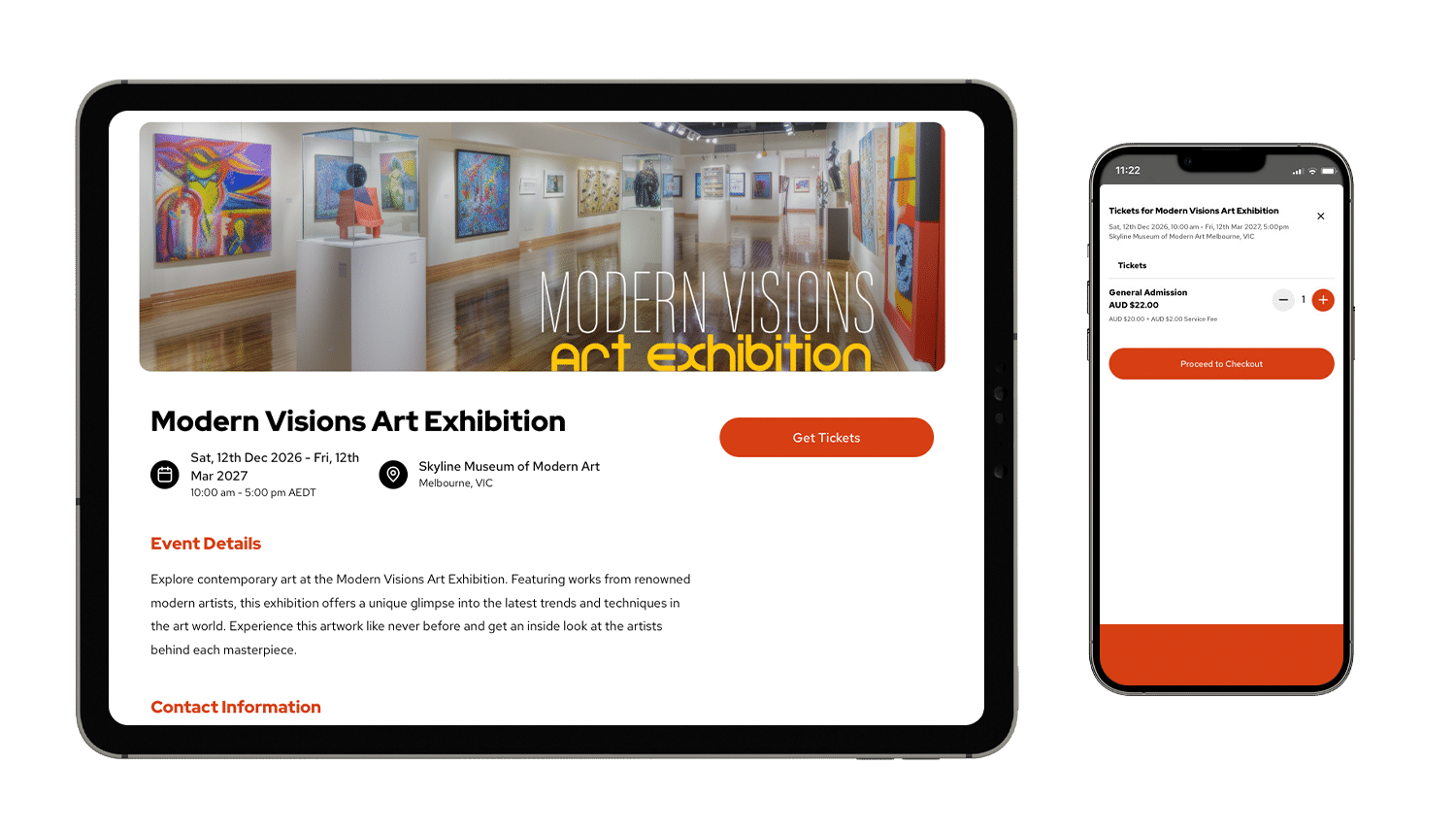 An event mockup of Modern Visions Art Exhibition on a tablet and smartphone