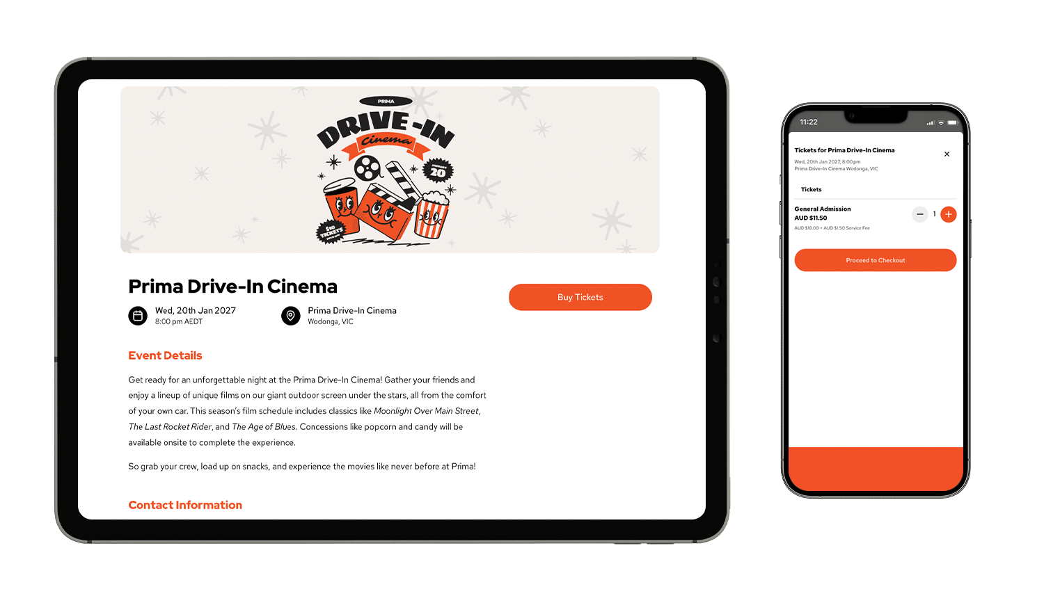 An event mockup of Prima Drive-In Cinema on a tablet and smartphone