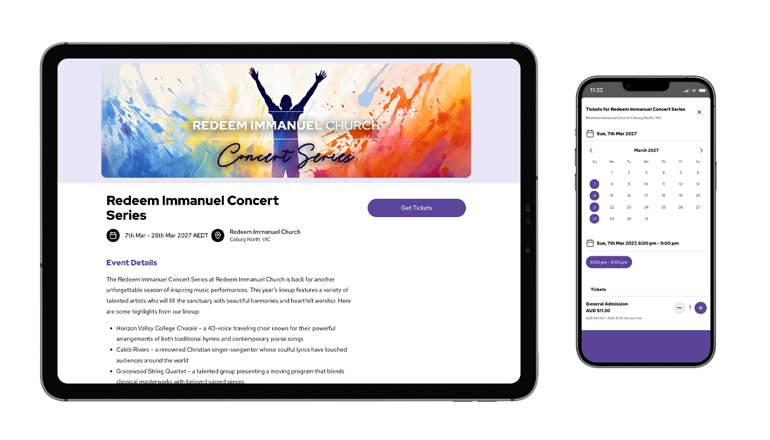 An event mockup of Redeem Immanuel Concert Series on a tablet and smartphone