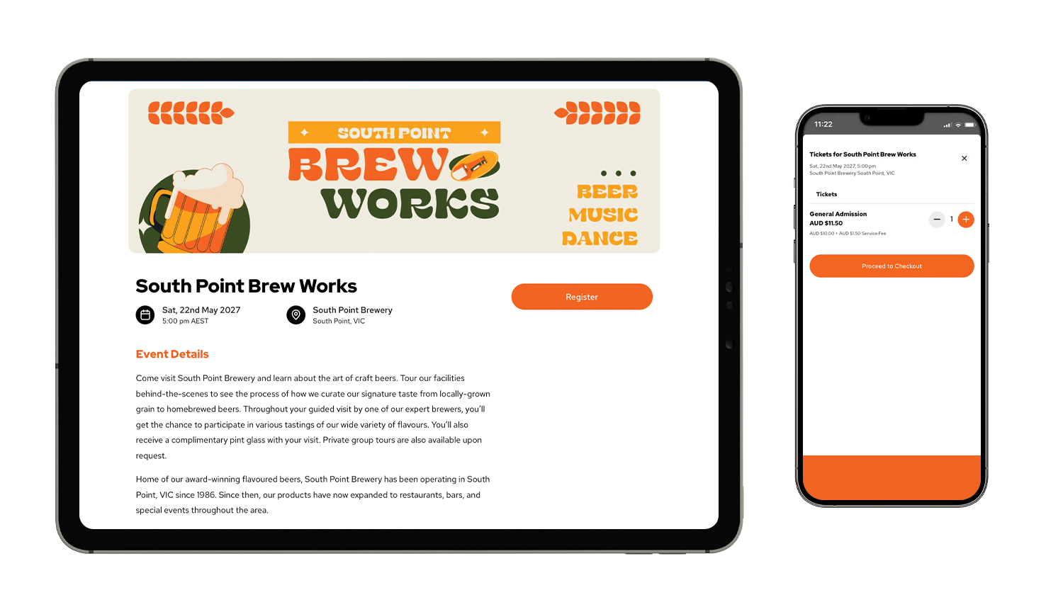 An event mockup of South Point Brew Works on a tablet and smartphone