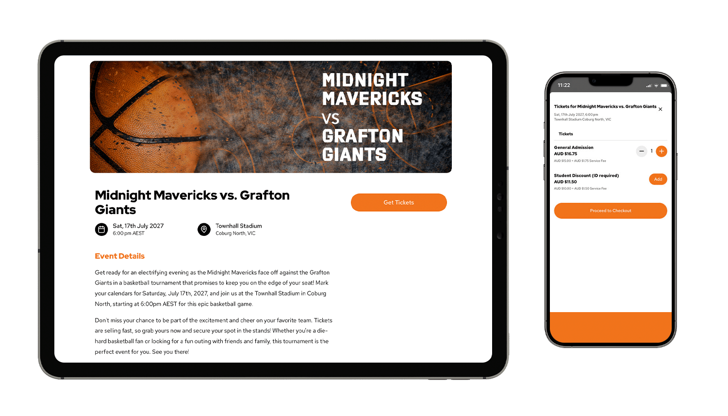 An event mockup of Midnight Mavericks vs. Grafton Giants on a tablet and smartphone