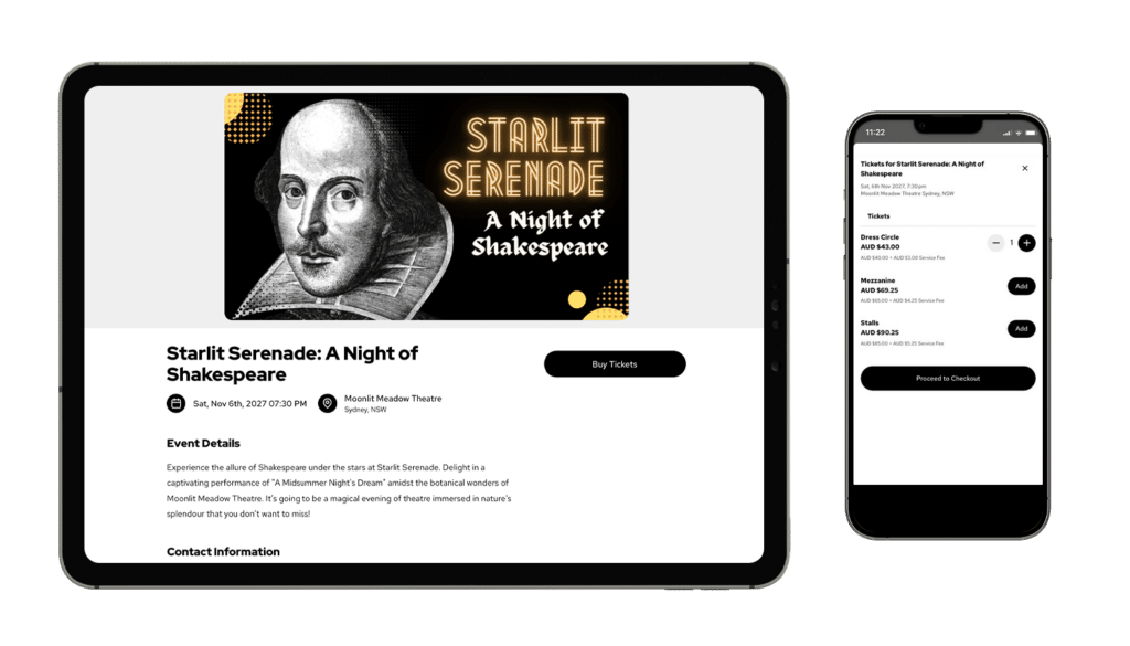 An event mockup of Starlit Serenade: A Night of Shakespeare on a tablet and smartphone