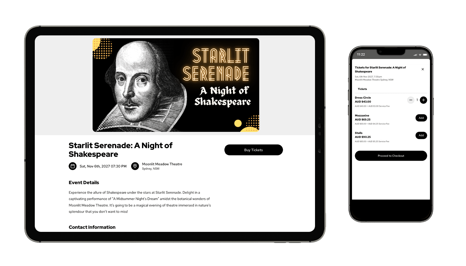 An event mockup of Starlit Serenade: A Night of Shakespeare on a tablet and smartphone