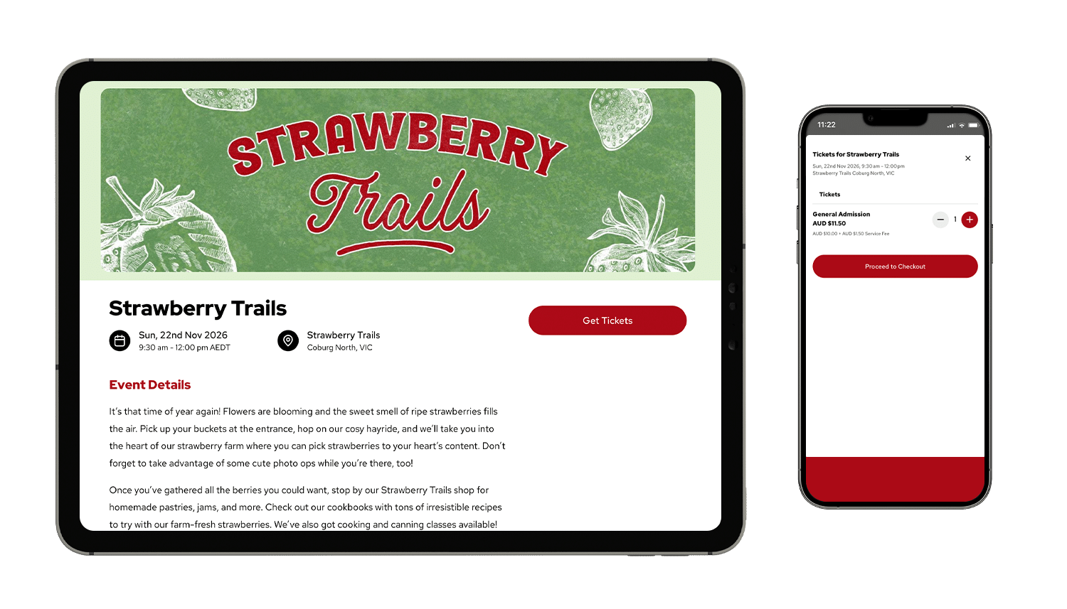 An event mockup of Strawberry Trails on a tablet and smartphone