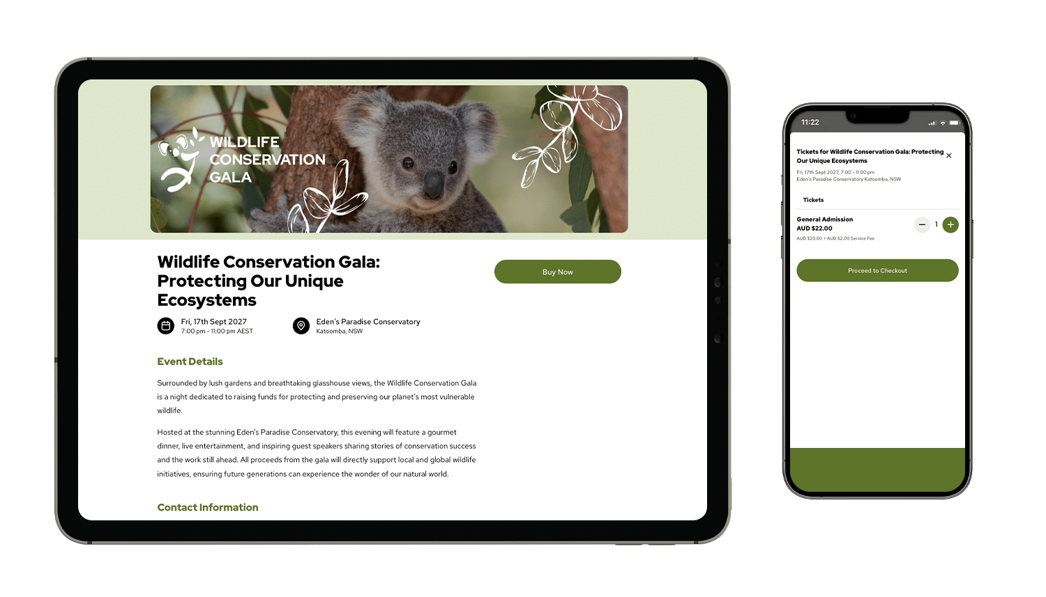An event mockup of Wildlife Conservation Gala: Protecting Our Unique Ecosystems on a tablet and smartphone