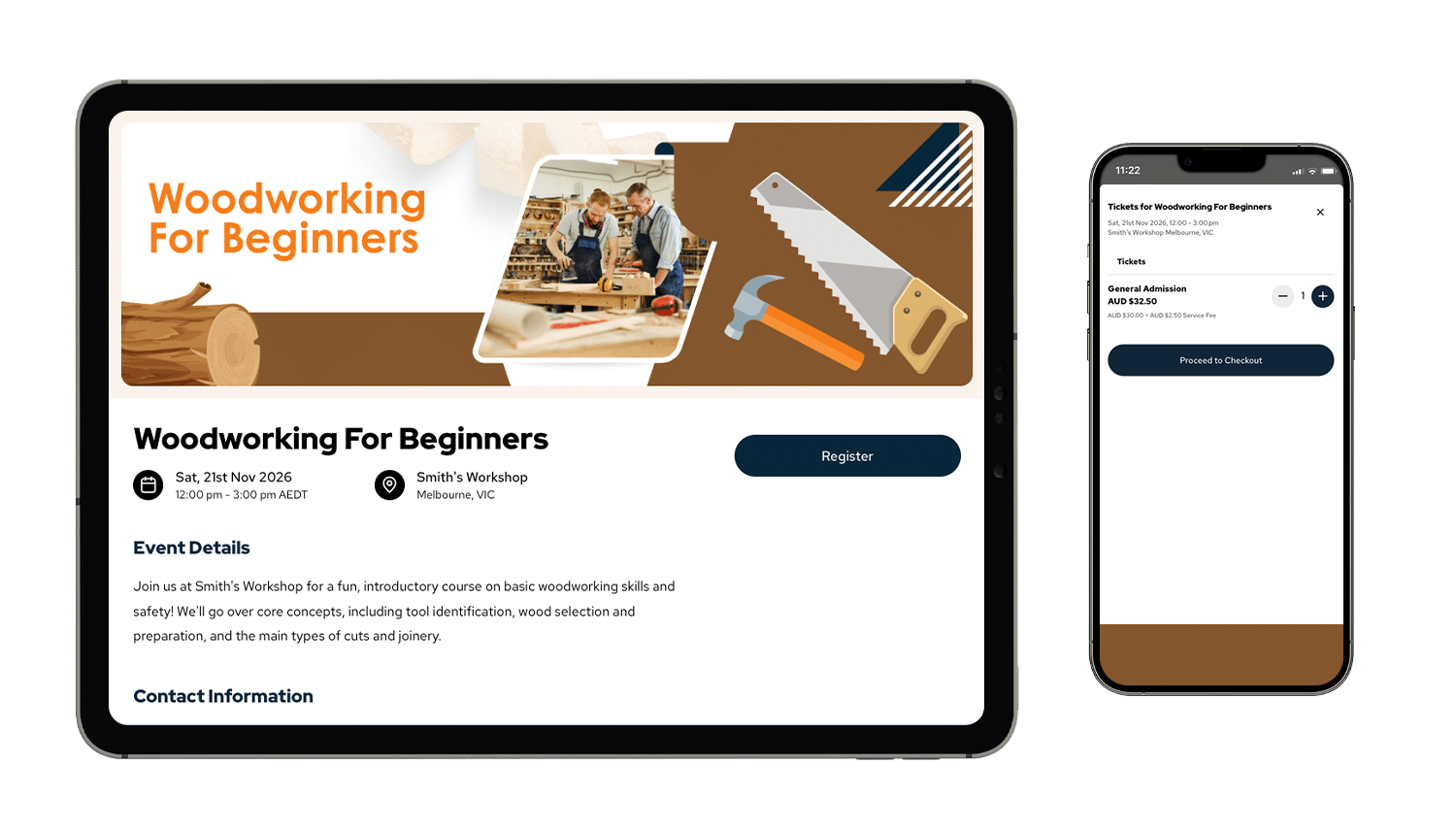An event mockup of Woodworking for Beginners on a tablet and smartphone
