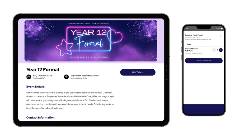 An event mockup of Year 12 Formal on a tablet and smartphone