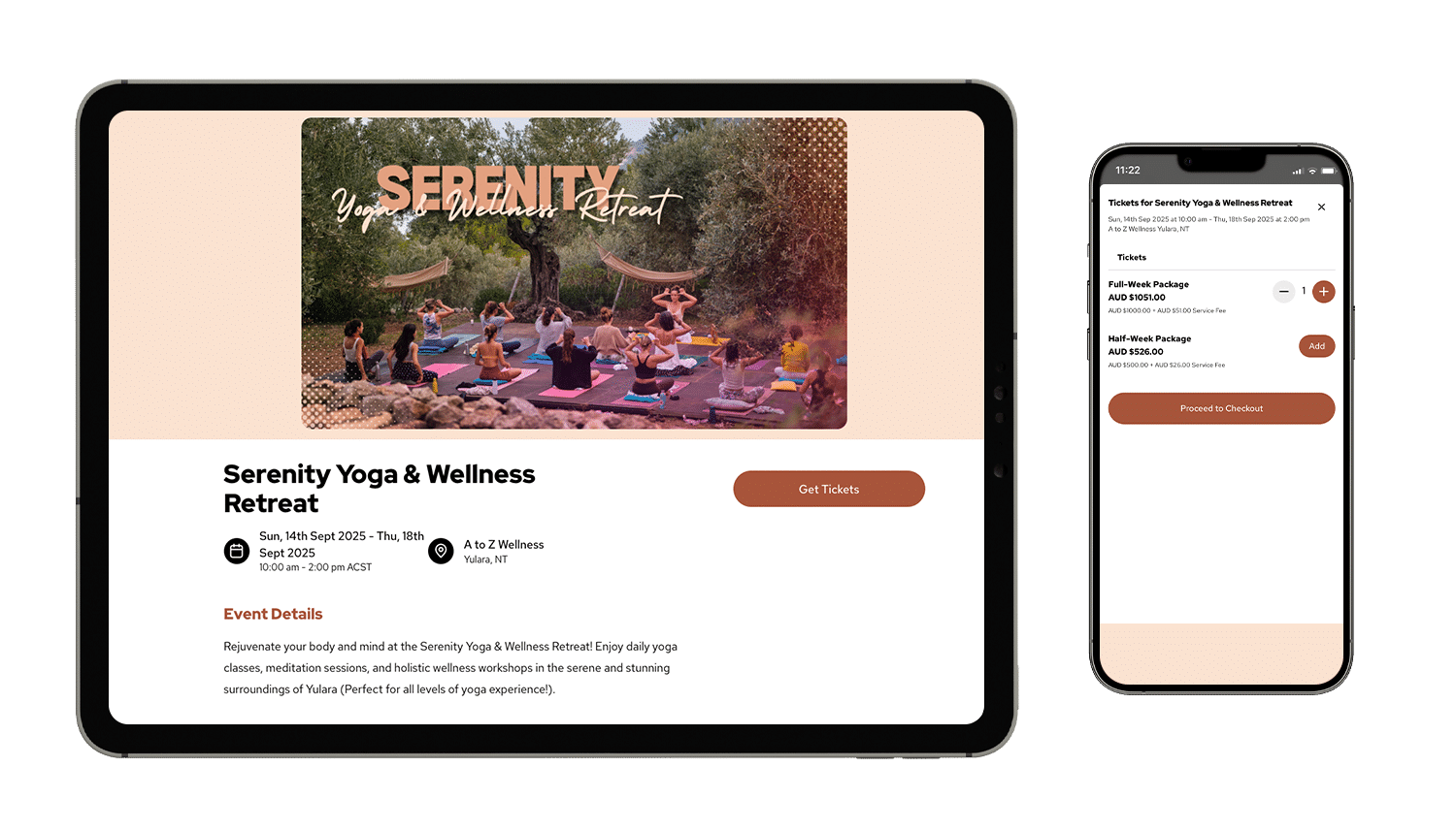 An event mockup of Serenity Yoga & Wellness Retreat on a tablet and smartphone