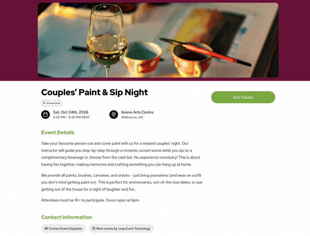 event ticketing page for paint and sip party