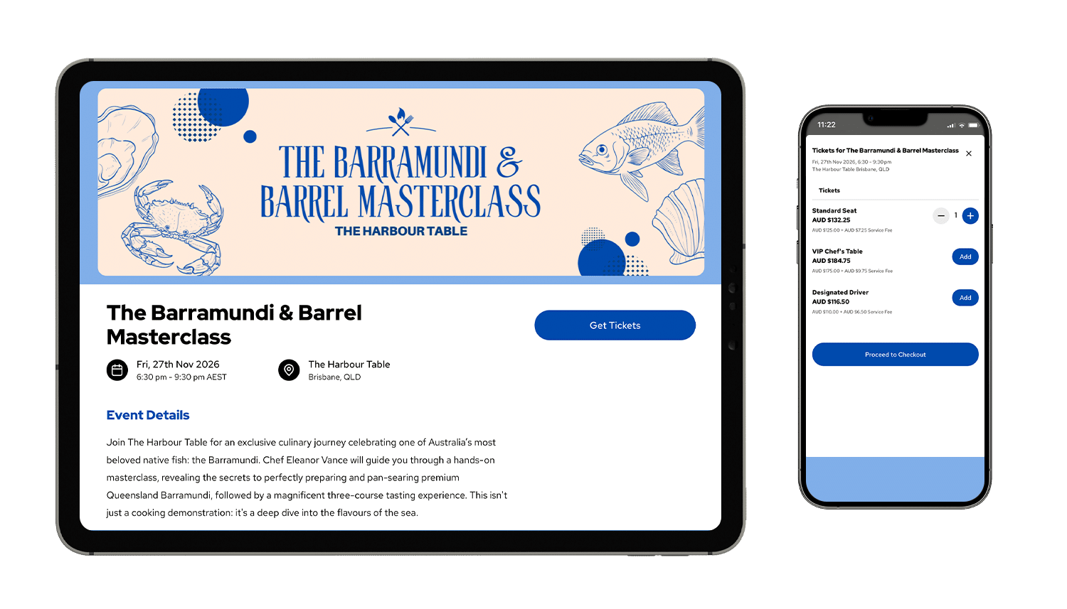 An event mockup of The Barramundi & Barrel Masterclass on a tablet and smartphone
